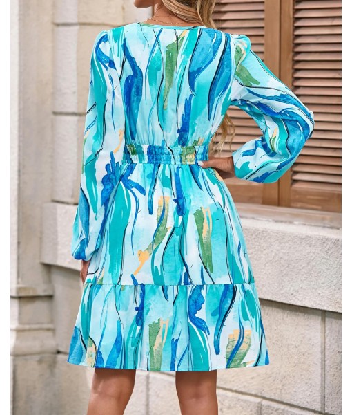 BTFBM Fall Dresses for Women 2025 V Neck Long Sleeve Elastic Waist Boho Beach Vacation Clothes Floral Mini Summer Dress