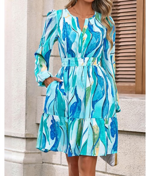 BTFBM Fall Dresses for Women 2025 V Neck Long Sleeve Elastic Waist Boho Beach Vacation Clothes Floral Mini Summer Dress