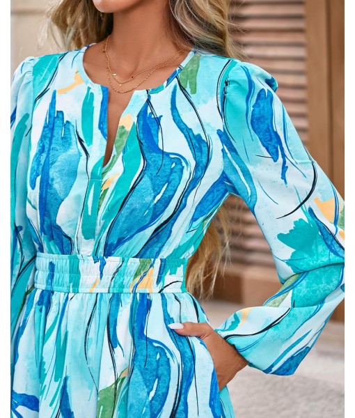 BTFBM Fall Dresses for Women 2025 V Neck Long Sleeve Elastic Waist Boho Beach Vacation Clothes Floral Mini Summer Dress