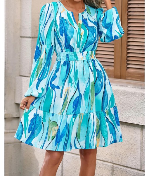 BTFBM Fall Dresses for Women 2025 V Neck Long Sleeve Elastic Waist Boho Beach Vacation Clothes Floral Mini Summer Dress