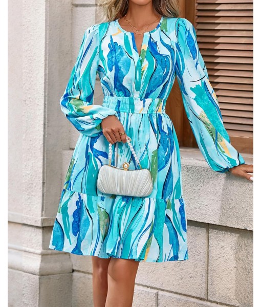 BTFBM Fall Dresses for Women 2025 V Neck Long Sleeve Elastic Waist Boho Beach Vacation Clothes Floral Mini Summer Dress
