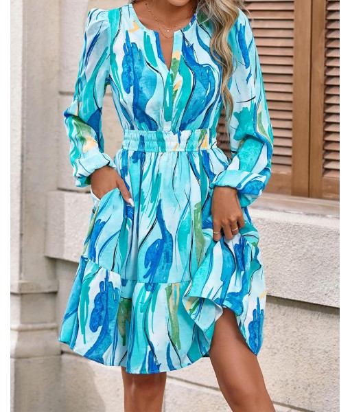 BTFBM Fall Dresses for Women 2025 V Neck Long Sleeve Elastic Waist Boho Beach Vacation Clothes Floral Mini Summer Dress