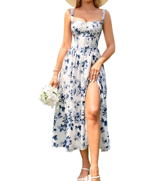 KUTUMAI Floral Corset Midi Dress Flowy Slit Summer Spring Wedding Guest Dresses for Women Sundress with Pockets