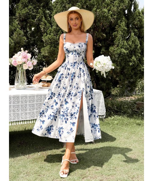 KUTUMAI Floral Corset Midi Dress Flowy Slit Summer Spring Wedding Guest Dresses for Women Sundress with Pockets
