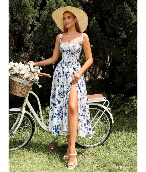 KUTUMAI Floral Corset Midi Dress Flowy Slit Summer Spring Wedding Guest Dresses for Women Sundress with Pockets