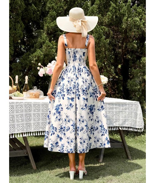 KUTUMAI Floral Corset Midi Dress Flowy Slit Summer Spring Wedding Guest Dresses for Women Sundress with Pockets