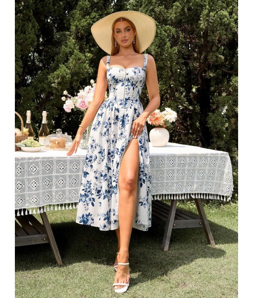 KUTUMAI Floral Corset Midi Dress Flowy Slit Summer Spring Wedding Guest Dresses for Women Sundress with Pockets