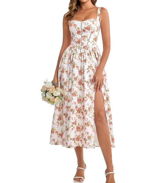 KUTUMAI Floral Corset Midi Dress Flowy Slit Summer Spring Wedding Guest Dresses for Women Sundress with Pockets