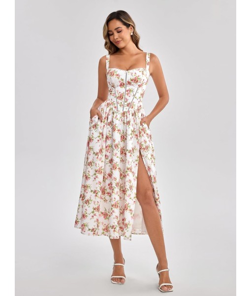KUTUMAI Floral Corset Midi Dress Flowy Slit Summer Spring Wedding Guest Dresses for Women Sundress with Pockets
