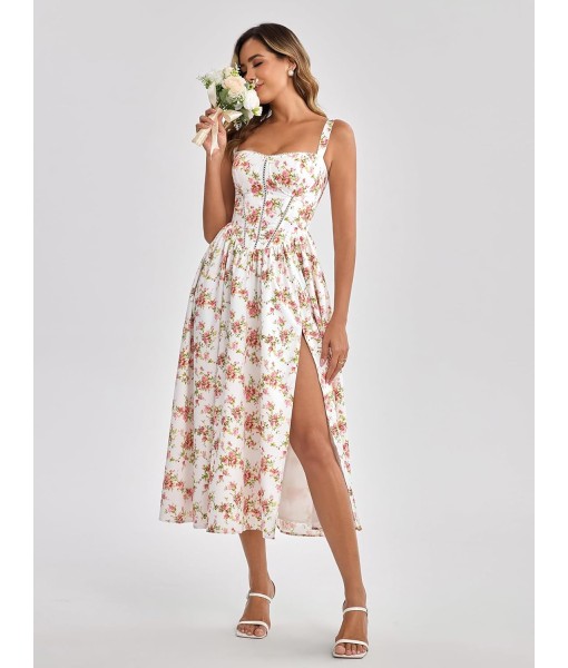 KUTUMAI Floral Corset Midi Dress Flowy Slit Summer Spring Wedding Guest Dresses for Women Sundress with Pockets