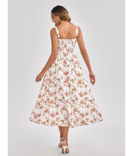 KUTUMAI Floral Corset Midi Dress Flowy Slit Summer Spring Wedding Guest Dresses for Women Sundress with Pockets