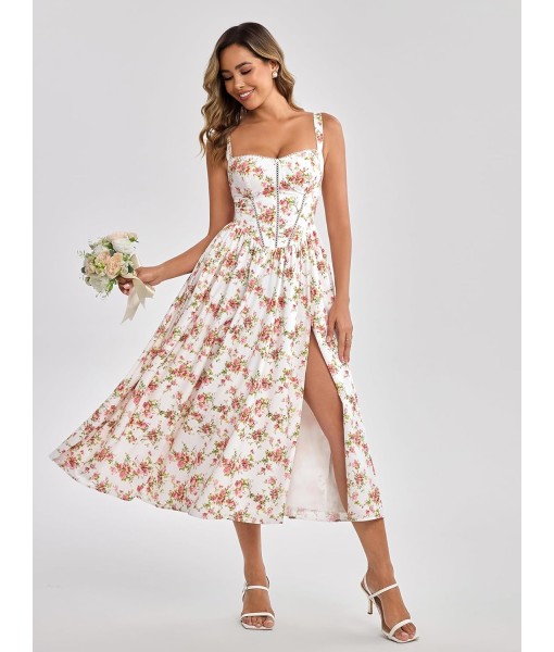 KUTUMAI Floral Corset Midi Dress Flowy Slit Summer Spring Wedding Guest Dresses for Women Sundress with Pockets