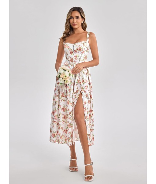 KUTUMAI Floral Corset Midi Dress Flowy Slit Summer Spring Wedding Guest Dresses for Women Sundress with Pockets