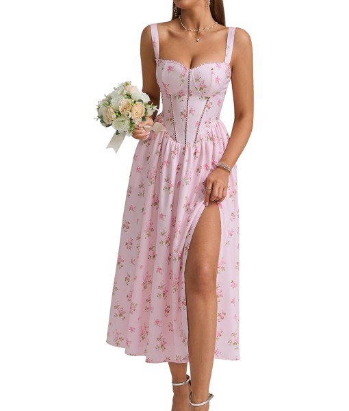 KUTUMAI Floral Corset Midi Dress Flowy Slit Summer Spring Wedding Guest Dresses for Women Sundress with Pockets