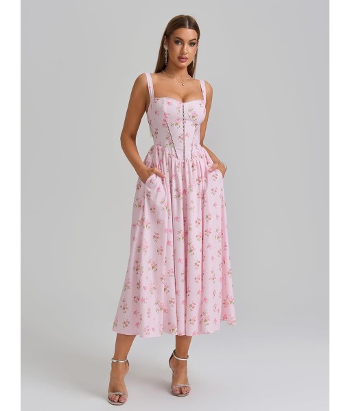 KUTUMAI Floral Corset Midi Dress Flowy Slit Summer Spring Wedding Guest Dresses for Women Sundress with Pockets