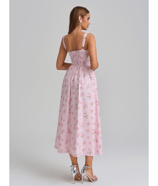 KUTUMAI Floral Corset Midi Dress Flowy Slit Summer Spring Wedding Guest Dresses for Women Sundress with Pockets