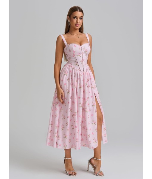 KUTUMAI Floral Corset Midi Dress Flowy Slit Summer Spring Wedding Guest Dresses for Women Sundress with Pockets