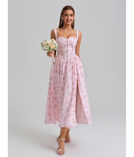 KUTUMAI Floral Corset Midi Dress Flowy Slit Summer Spring Wedding Guest Dresses for Women Sundress with Pockets