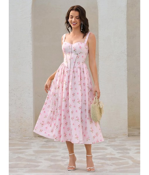 KUTUMAI Floral Corset Midi Dress Flowy Slit Summer Spring Wedding Guest Dresses for Women Sundress with Pockets