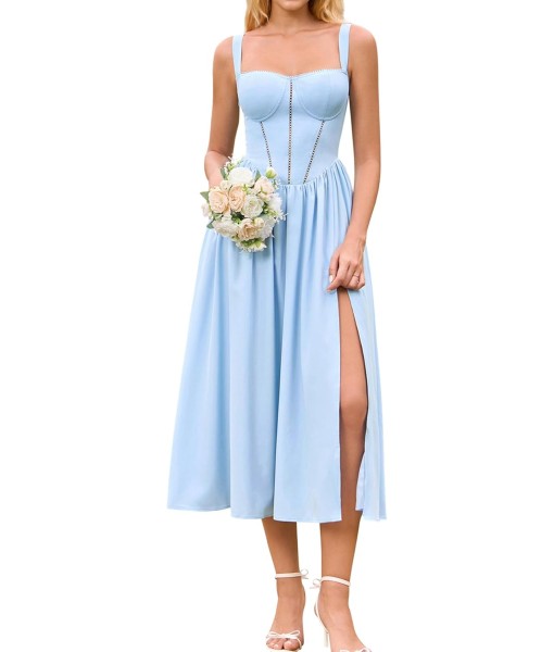 KUTUMAI Floral Corset Midi Dress Flowy Slit Summer Spring Wedding Guest Dresses for Women Sundress with Pockets