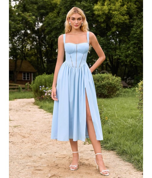 KUTUMAI Floral Corset Midi Dress Flowy Slit Summer Spring Wedding Guest Dresses for Women Sundress with Pockets
