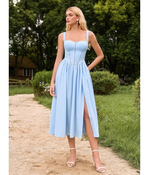 KUTUMAI Floral Corset Midi Dress Flowy Slit Summer Spring Wedding Guest Dresses for Women Sundress with Pockets