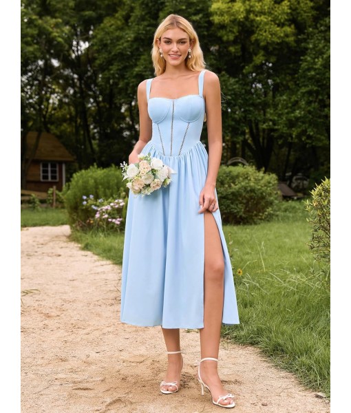 KUTUMAI Floral Corset Midi Dress Flowy Slit Summer Spring Wedding Guest Dresses for Women Sundress with Pockets