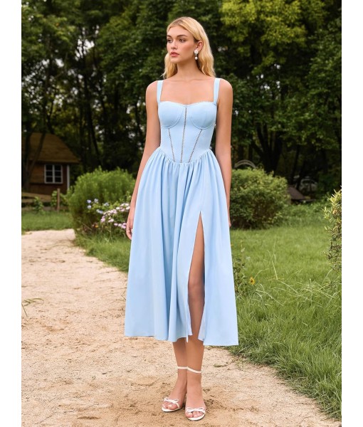 KUTUMAI Floral Corset Midi Dress Flowy Slit Summer Spring Wedding Guest Dresses for Women Sundress with Pockets
