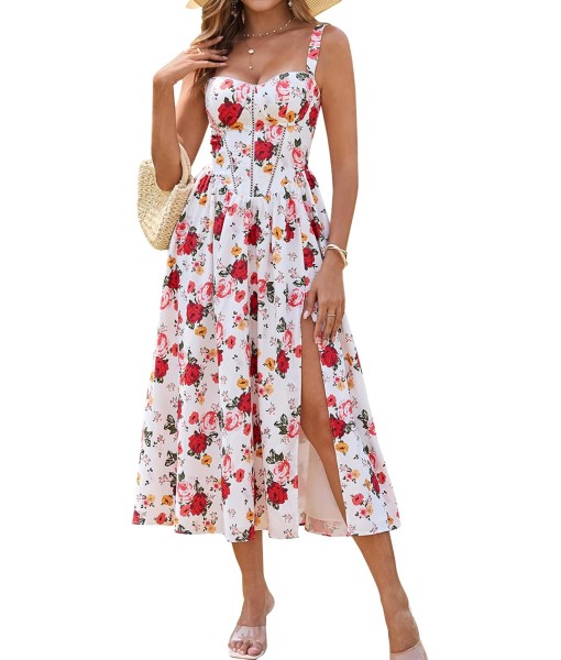 KUTUMAI Floral Corset Midi Dress Flowy Slit Summer Spring Wedding Guest Dresses for Women Sundress with Pockets