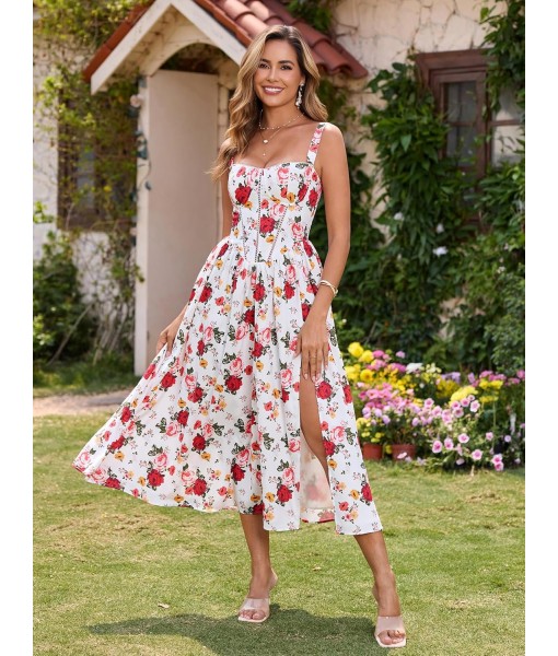 KUTUMAI Floral Corset Midi Dress Flowy Slit Summer Spring Wedding Guest Dresses for Women Sundress with Pockets