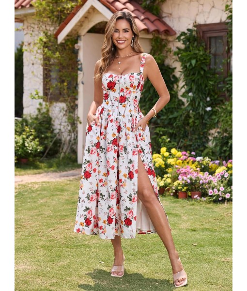 KUTUMAI Floral Corset Midi Dress Flowy Slit Summer Spring Wedding Guest Dresses for Women Sundress with Pockets