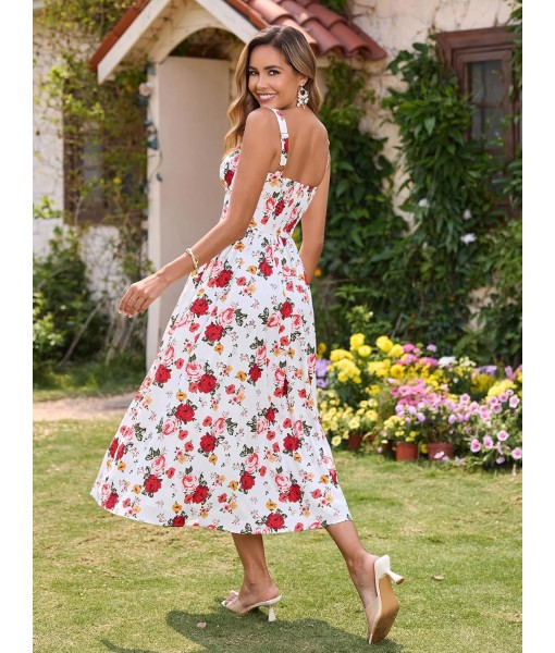 KUTUMAI Floral Corset Midi Dress Flowy Slit Summer Spring Wedding Guest Dresses for Women Sundress with Pockets