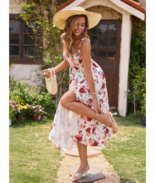 KUTUMAI Floral Corset Midi Dress Flowy Slit Summer Spring Wedding Guest Dresses for Women Sundress with Pockets