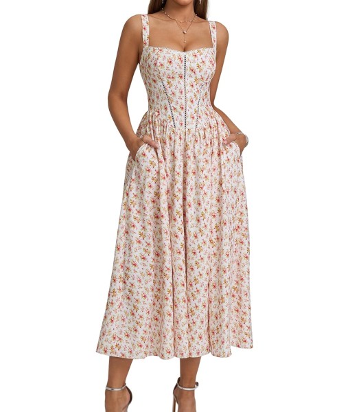 KUTUMAI Floral Corset Midi Dress Flowy Slit Summer Spring Wedding Guest Dresses for Women Sundress with Pockets