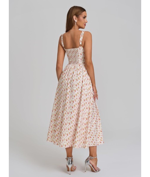 KUTUMAI Floral Corset Midi Dress Flowy Slit Summer Spring Wedding Guest Dresses for Women Sundress with Pockets