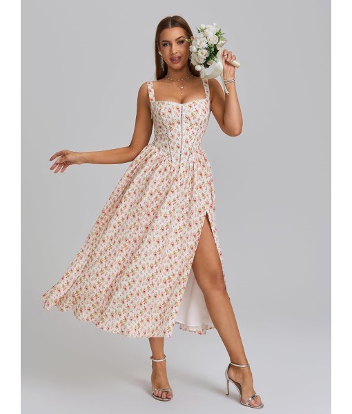 KUTUMAI Floral Corset Midi Dress Flowy Slit Summer Spring Wedding Guest Dresses for Women Sundress with Pockets