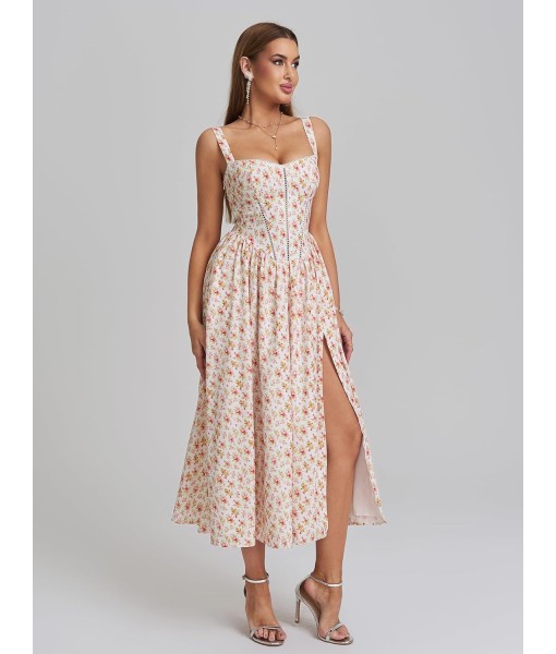 KUTUMAI Floral Corset Midi Dress Flowy Slit Summer Spring Wedding Guest Dresses for Women Sundress with Pockets