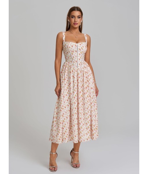KUTUMAI Floral Corset Midi Dress Flowy Slit Summer Spring Wedding Guest Dresses for Women Sundress with Pockets