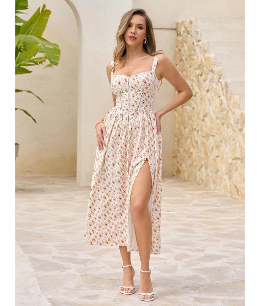 KUTUMAI Floral Corset Midi Dress Flowy Slit Summer Spring Wedding Guest Dresses for Women Sundress with Pockets
