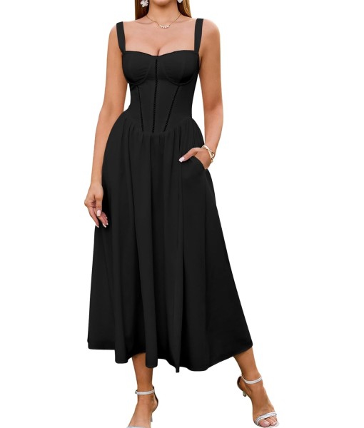 KUTUMAI Floral Corset Midi Dress Flowy Slit Summer Spring Wedding Guest Dresses for Women Sundress with Pockets