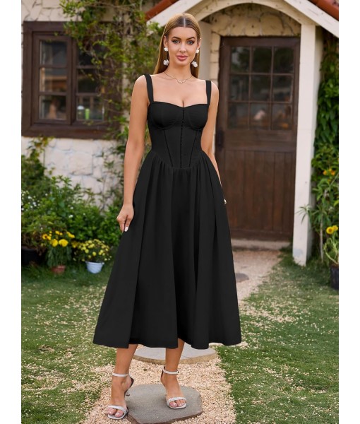 KUTUMAI Floral Corset Midi Dress Flowy Slit Summer Spring Wedding Guest Dresses for Women Sundress with Pockets