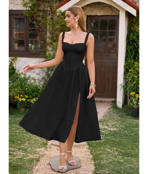 KUTUMAI Floral Corset Midi Dress Flowy Slit Summer Spring Wedding Guest Dresses for Women Sundress with Pockets