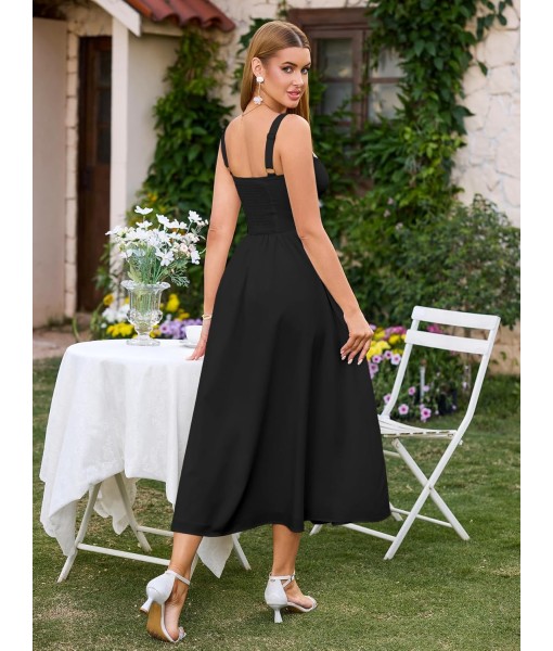 KUTUMAI Floral Corset Midi Dress Flowy Slit Summer Spring Wedding Guest Dresses for Women Sundress with Pockets