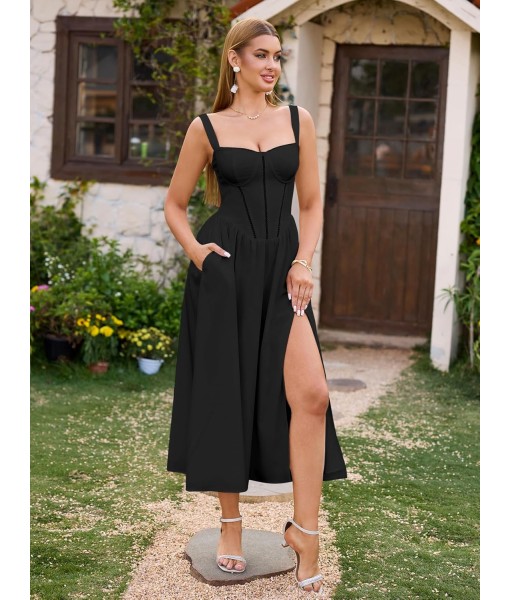 KUTUMAI Floral Corset Midi Dress Flowy Slit Summer Spring Wedding Guest Dresses for Women Sundress with Pockets