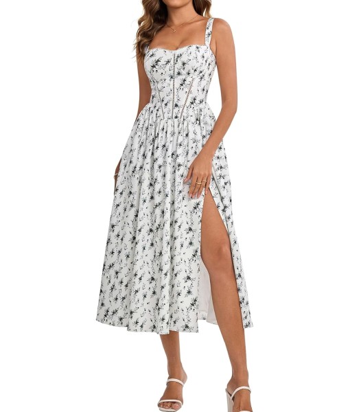 KUTUMAI Floral Corset Midi Dress Flowy Slit Summer Spring Wedding Guest Dresses for Women Sundress with Pockets