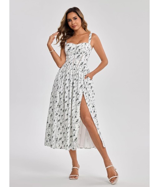 KUTUMAI Floral Corset Midi Dress Flowy Slit Summer Spring Wedding Guest Dresses for Women Sundress with Pockets