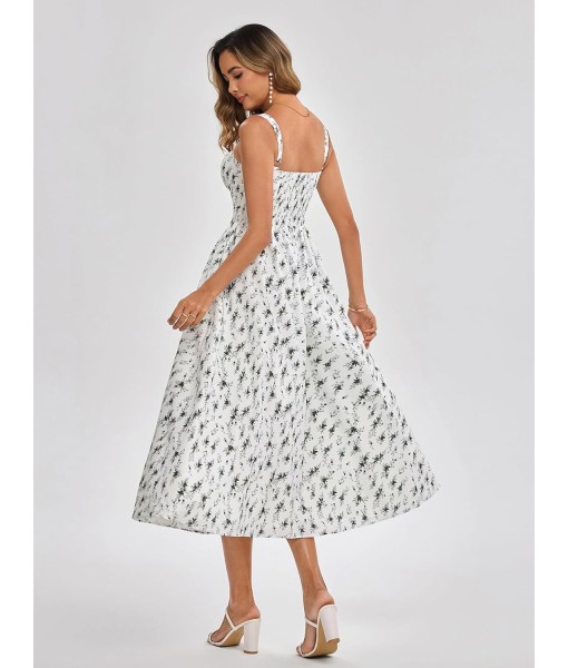 KUTUMAI Floral Corset Midi Dress Flowy Slit Summer Spring Wedding Guest Dresses for Women Sundress with Pockets
