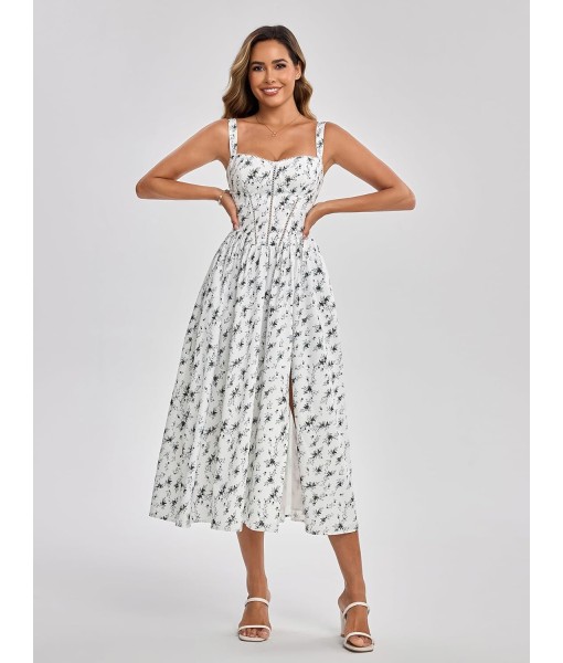 KUTUMAI Floral Corset Midi Dress Flowy Slit Summer Spring Wedding Guest Dresses for Women Sundress with Pockets