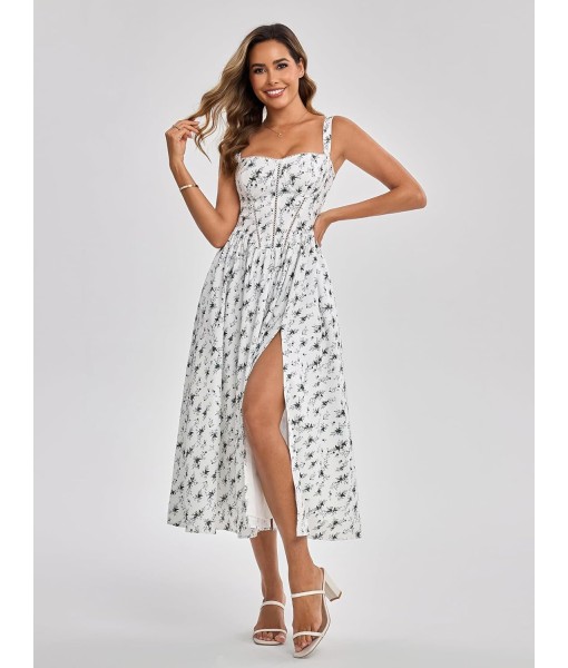 KUTUMAI Floral Corset Midi Dress Flowy Slit Summer Spring Wedding Guest Dresses for Women Sundress with Pockets