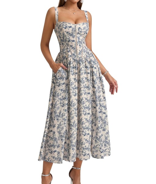 KUTUMAI Floral Corset Midi Dress Flowy Slit Summer Spring Wedding Guest Dresses for Women Sundress with Pockets